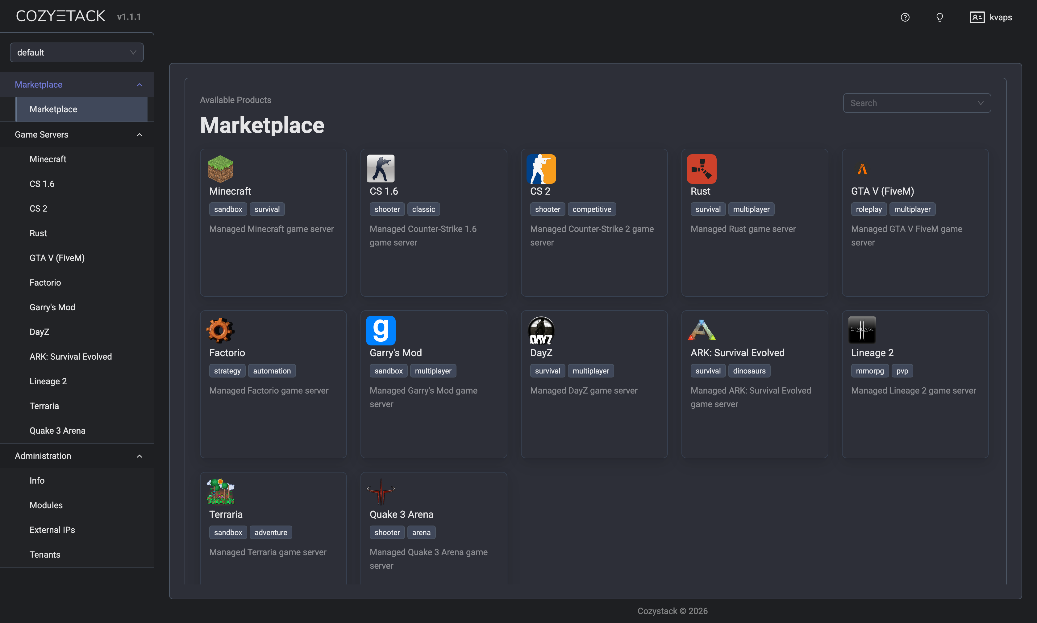 Cozystack dashboard showing a marketplace of managed game servers