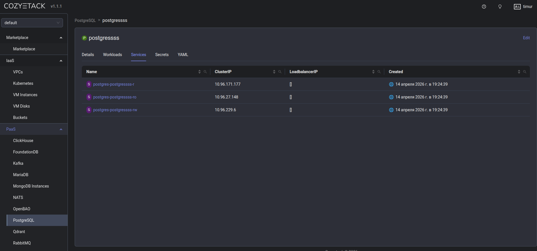 Deployed Postgres application reporting Ready state
